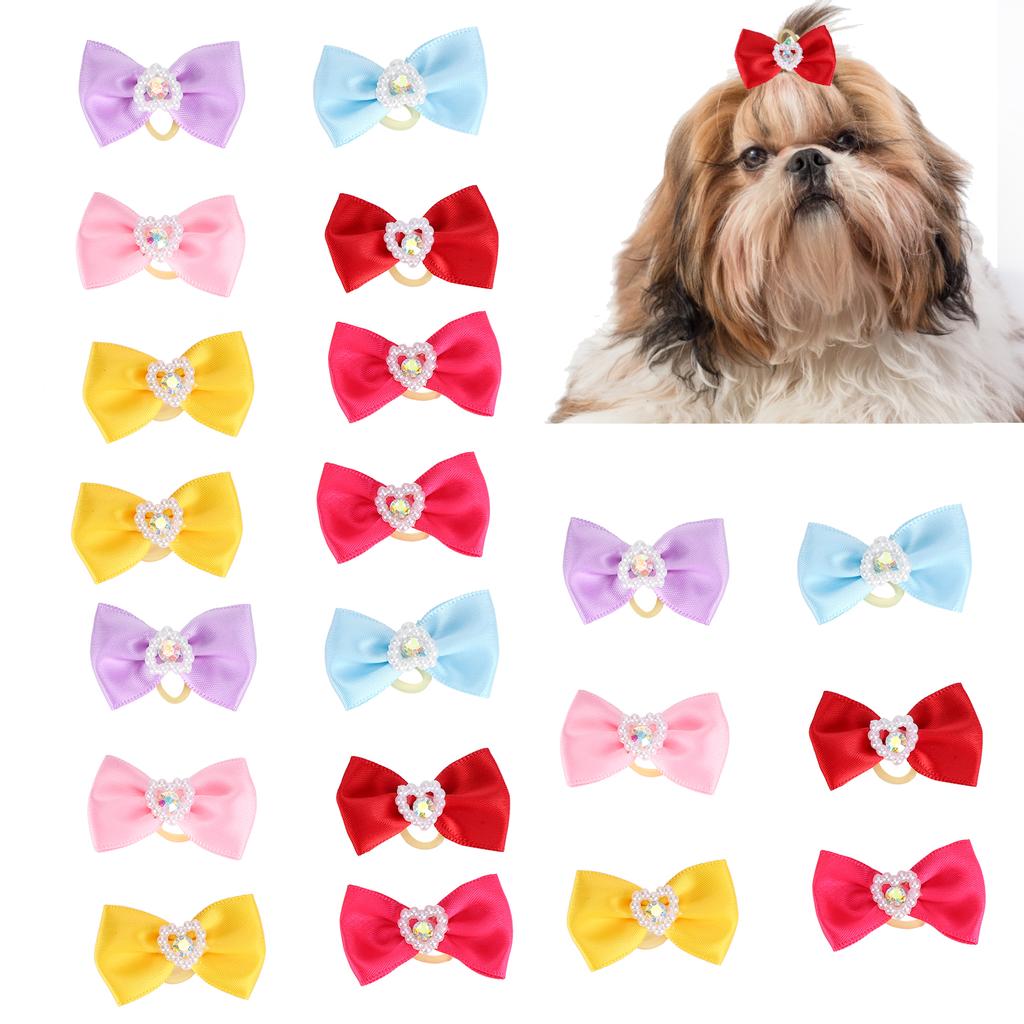 20Pcs Handsewn Cute Pet Hair Bows Grooming Bows Lovely Bowknot with Rubber Bands for Pet