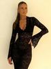 Sexy Deep V Neck Mesh Cutout Bodycon Dress Autumn Winter New Arrivals Lace Floral Ruffle Sleeve Mini Dress