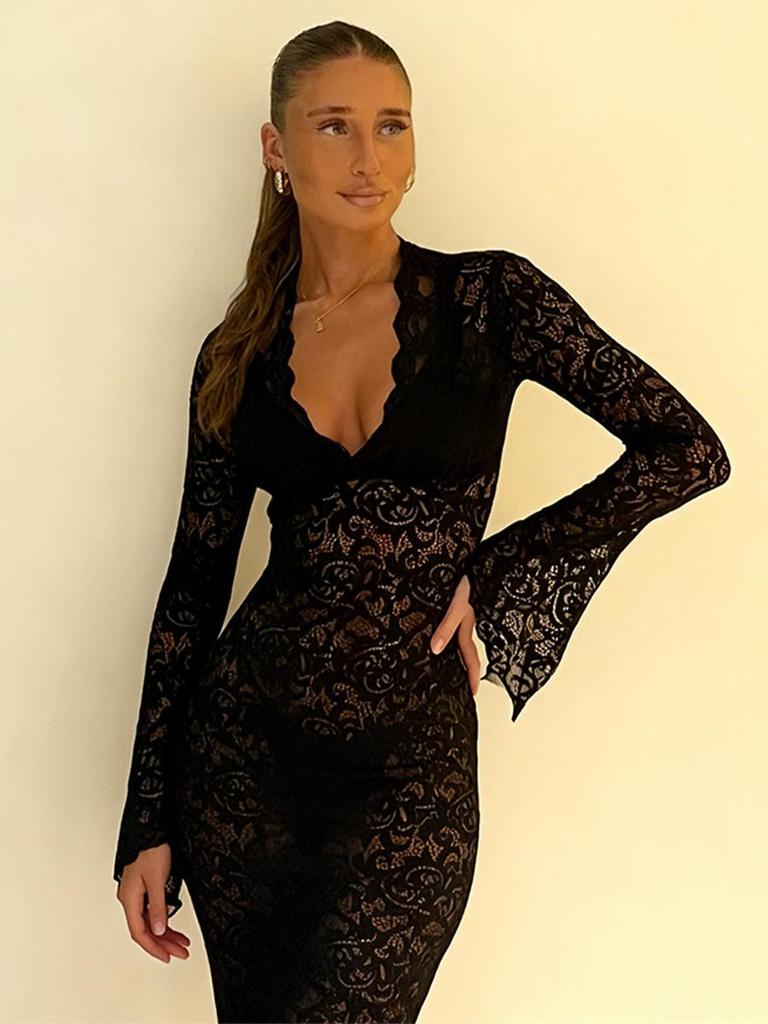 Sexy Deep V Neck Mesh Cutout Bodycon Dress Autumn Winter New Arrivals Lace Floral Ruffle Sleeve Mini Dress
