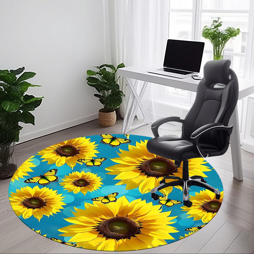1pc Sunflowers Butterflies Office Round Area Rug, Indoor Mat Suitable For Office, Under Office Chairs Bedroom Living Room Home Decor, Room Deco