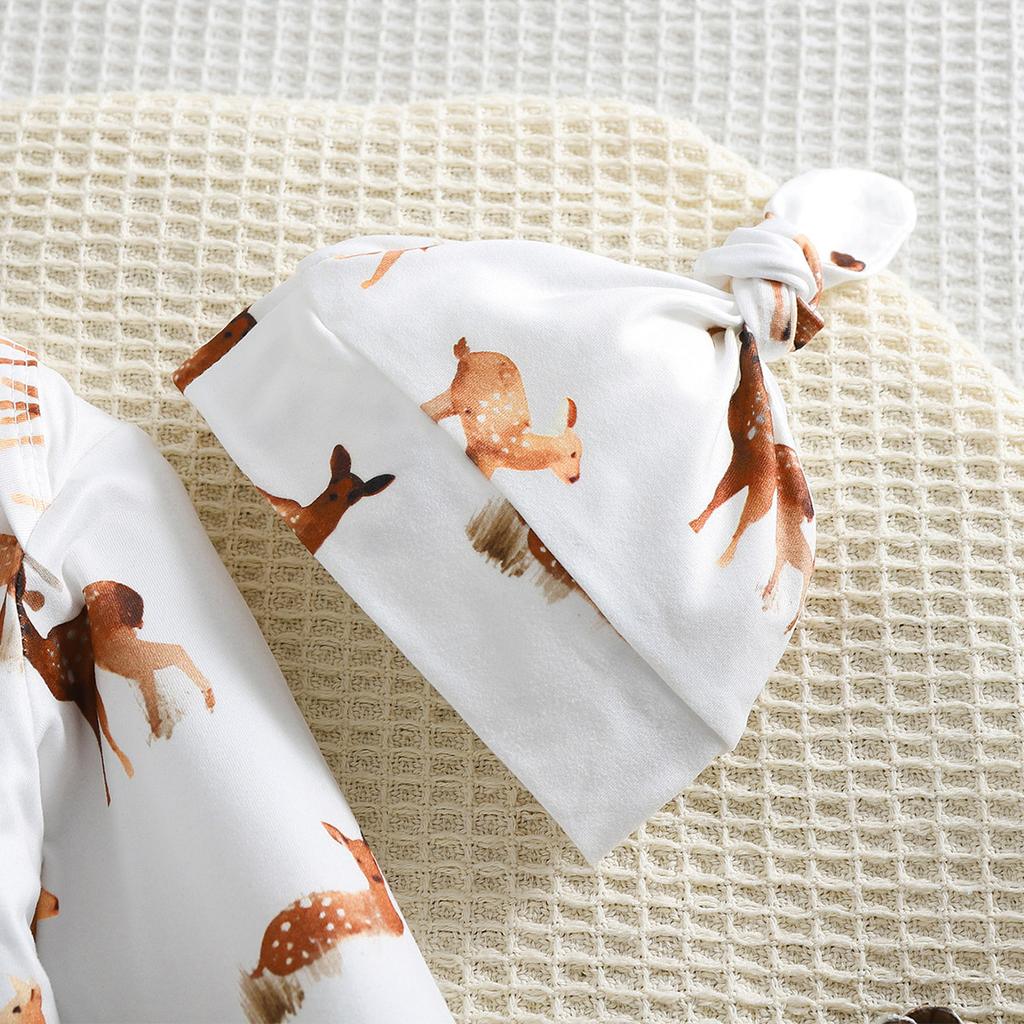4pcs Baby Adorable Deer Pattern Bodysuit + Hat + Baby Mittens + Comfy Pants Clothing Set