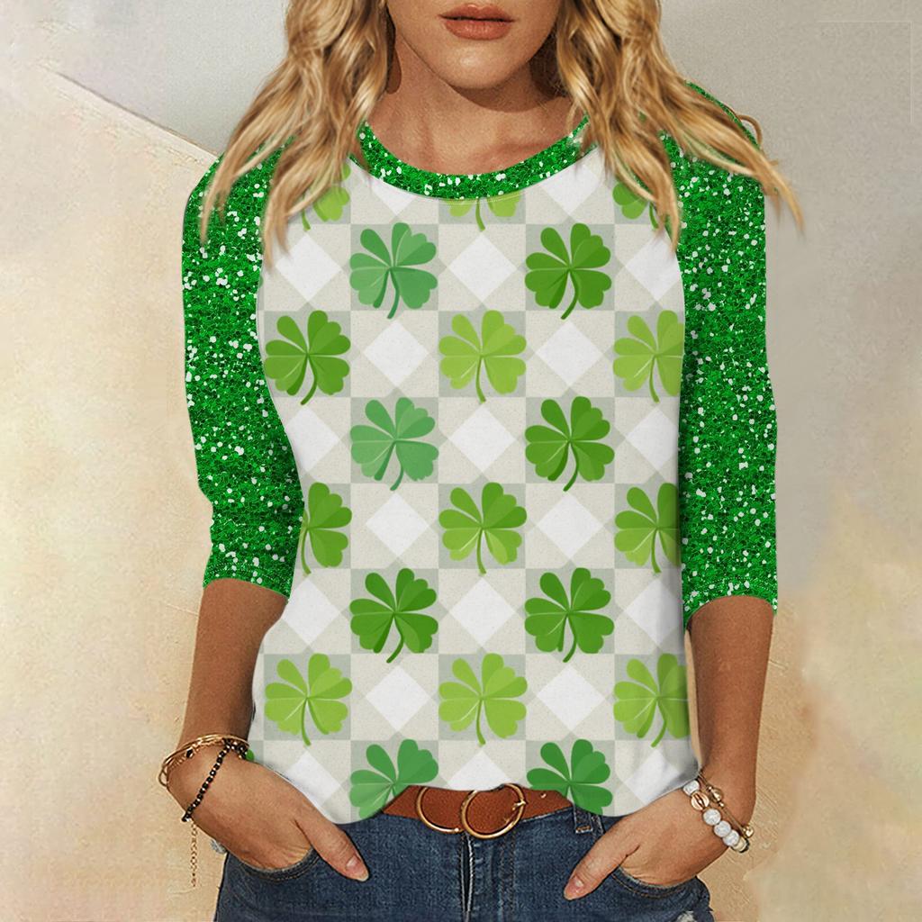 Frauen St. St. Patrick's Day Print Rundhals Dreiviertelarm Oberteil
