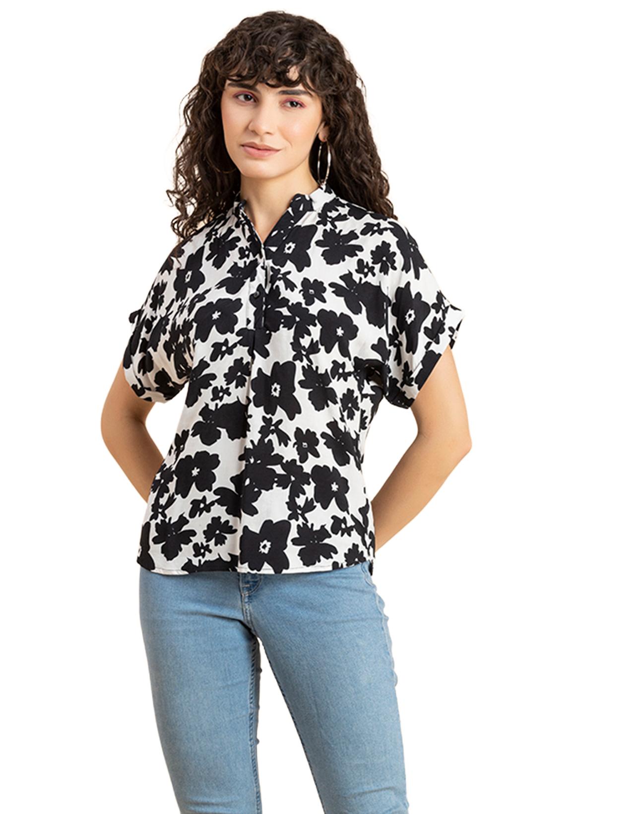 

Женский топ Moomaya с короткими рукавами и принтом, воротник-стойка, вискоза на каждый день