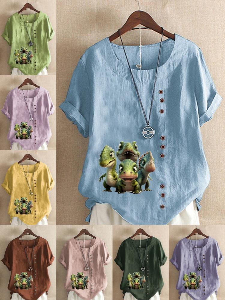 Women's Fashion Dinosaur Print Round Neck Short Sleeve T-shirt Casual Cotton Linen Graphic Shirt Leisure Loose Summer Blouse Tops