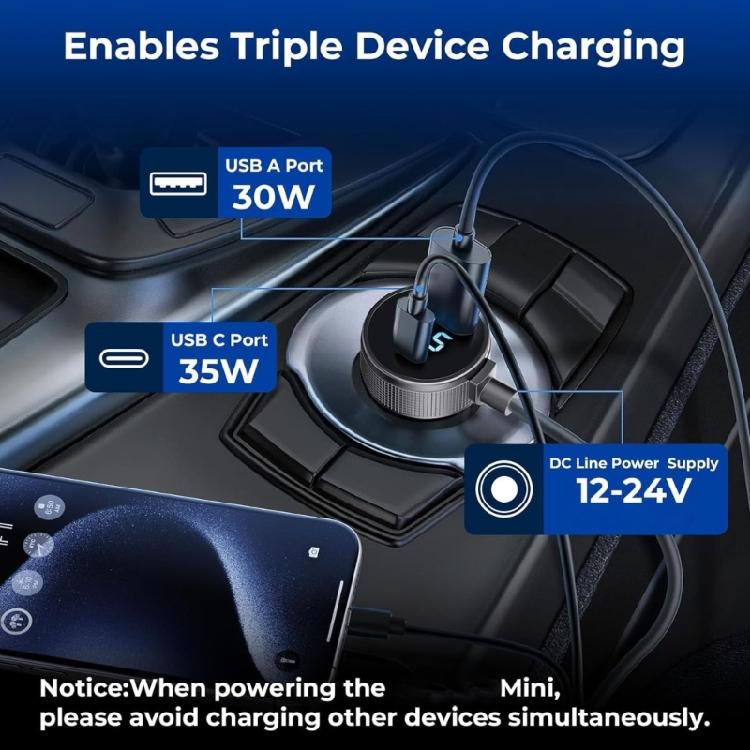 12V to 30V Car Power Adapter with USB C and USB-A Port, Real Time Voltages Display, Waterproof Build, for Flexible Vehicle Power Layouts