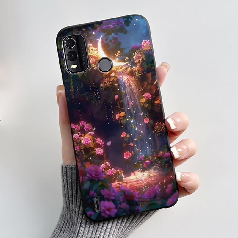 Dreamy Black Case For Nokia G11 Plus Elegant Butterfly Wildflower Pattern Shell With Jelly Color Shockproof Bumper Soft Cover