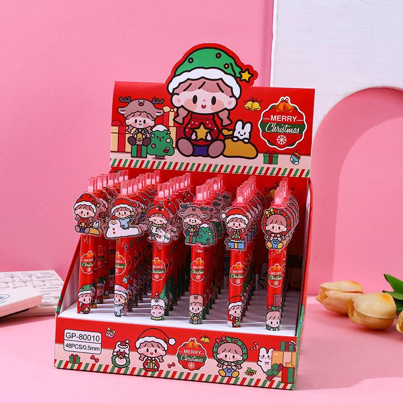48pcs Creative Cartoon Christmas Acrylic Patch Press Pen Cute Shape Neutral Pen High-value Gift Pen 0.5mm Black Back To School Season