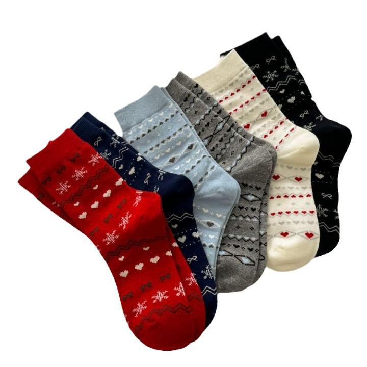 Damen Fair Isle Schneeflocken Mid-Calf Socken - Retro Ethno Stil, Herbst/Winter Baumwoll-Krempelsocken