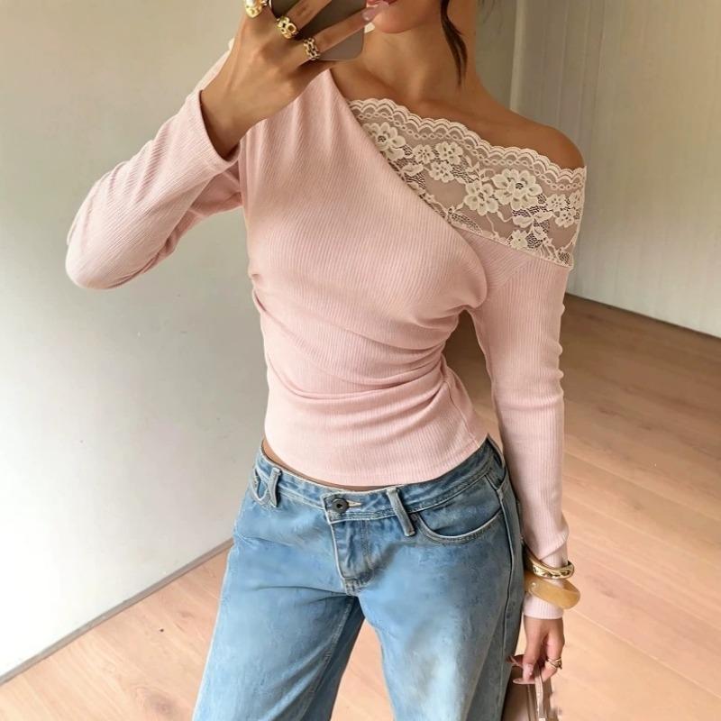 Women S French Lace Off Shoulder Long Sleeve Slim Fit T Shirt