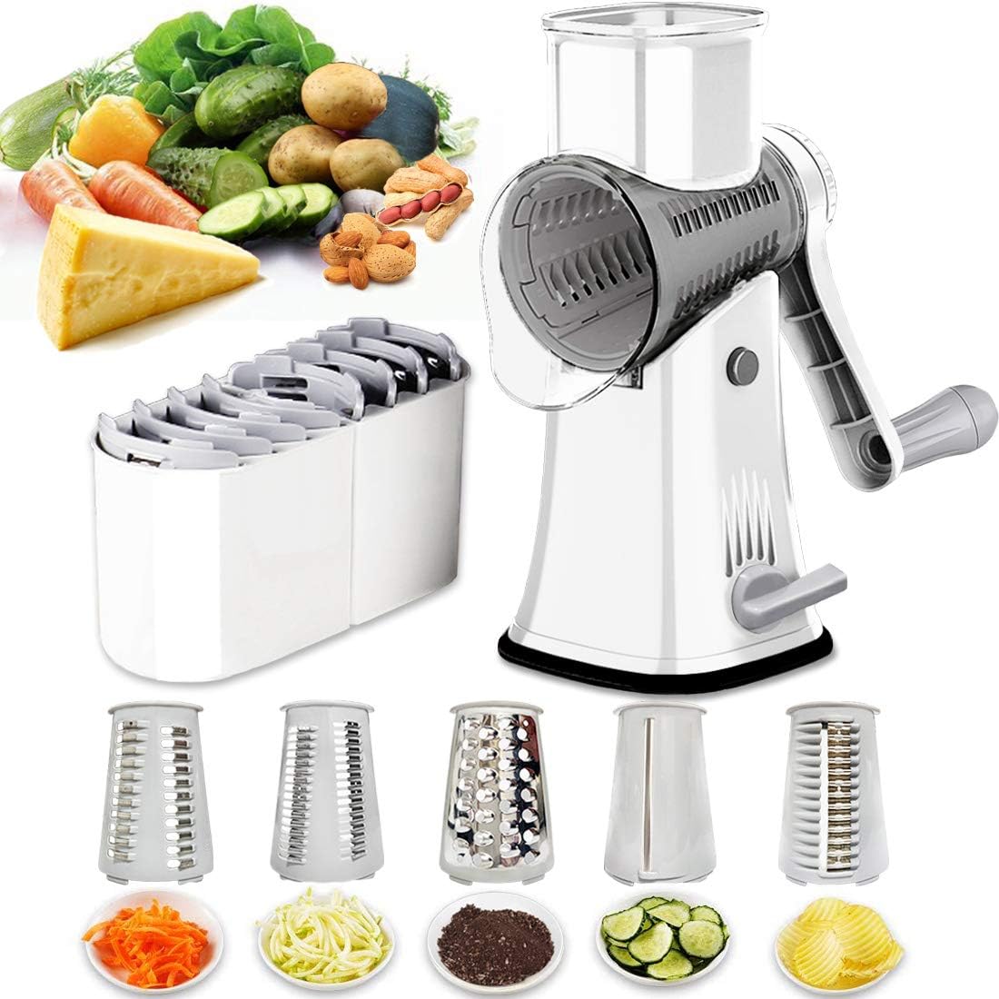 

Cheese Grater Shredder 5-in-1 Tumbling Box Vegetable Julienne Slicer Waffle Cutter Nut Chopper with Handle and United States