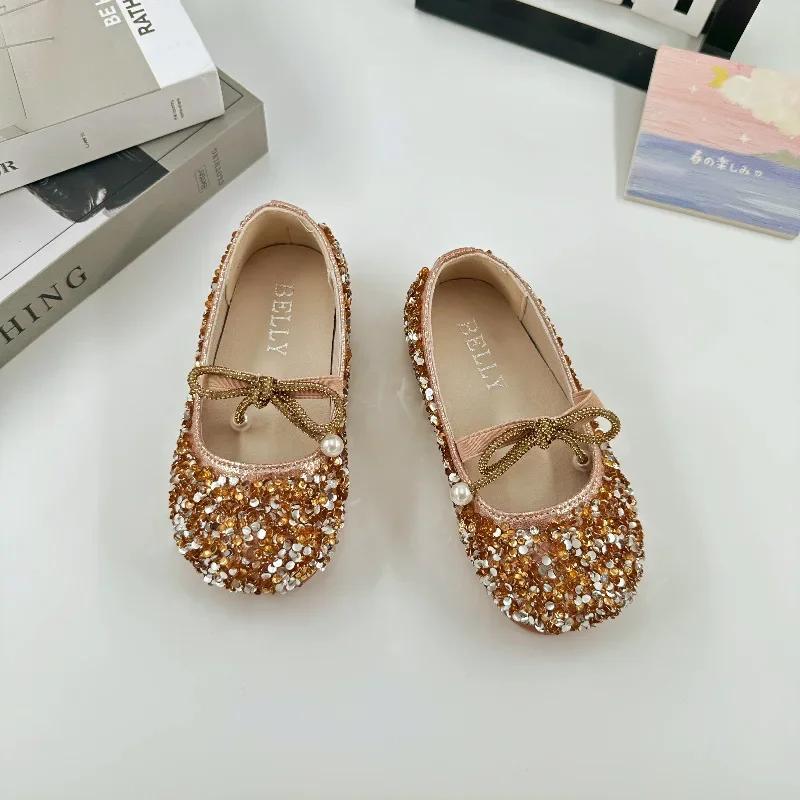 

Little Big Girls Glitter Shoes for Wedding Party Kids Flat Rhinestone with Pendant Princess Sweet Children Dress Shoes Chic Soft 21 золотой