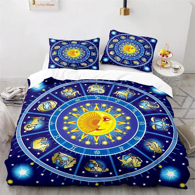 Sun and Moon Duvet Cover King Microfiber Astrology Bedding Set Twelve Constellations Zodiac Comforter Cover For Kids Boys Girls