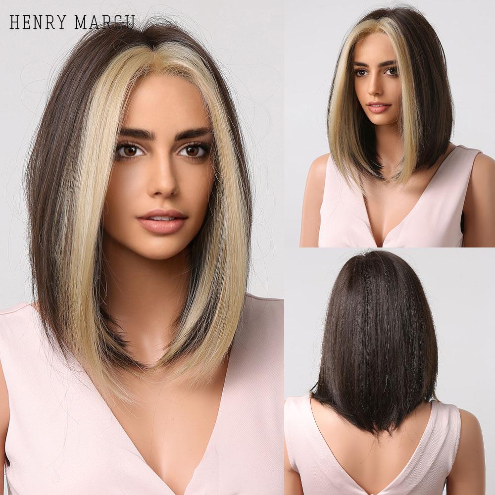 HENRY MARGU Short Bob Synthetic Wigs Ombre Black Brown White Natural Straight Wigs for Women Middle Part Daily Heat Resistant