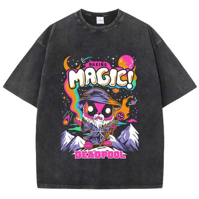 Fashion Woman Washed T-Shirts Magic Deadpool Cartoons Print Short Sleeve Cotton Distressed Oversize Crewneck Tops Clothes