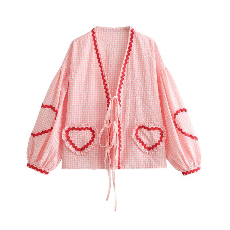 

Heart Kaslead Casual Webbing Long Sleeves Shirt Pink M