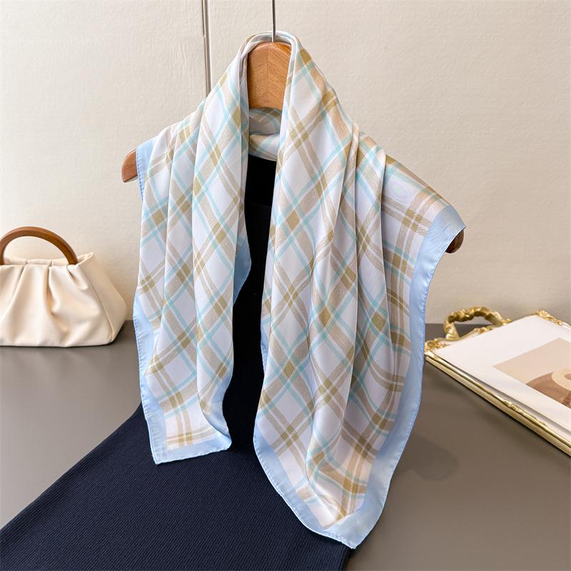 Simple plaid high-end printing silk scarf simulation silk square scarf shawl versatile neck small square scarf headscarf women's scarf