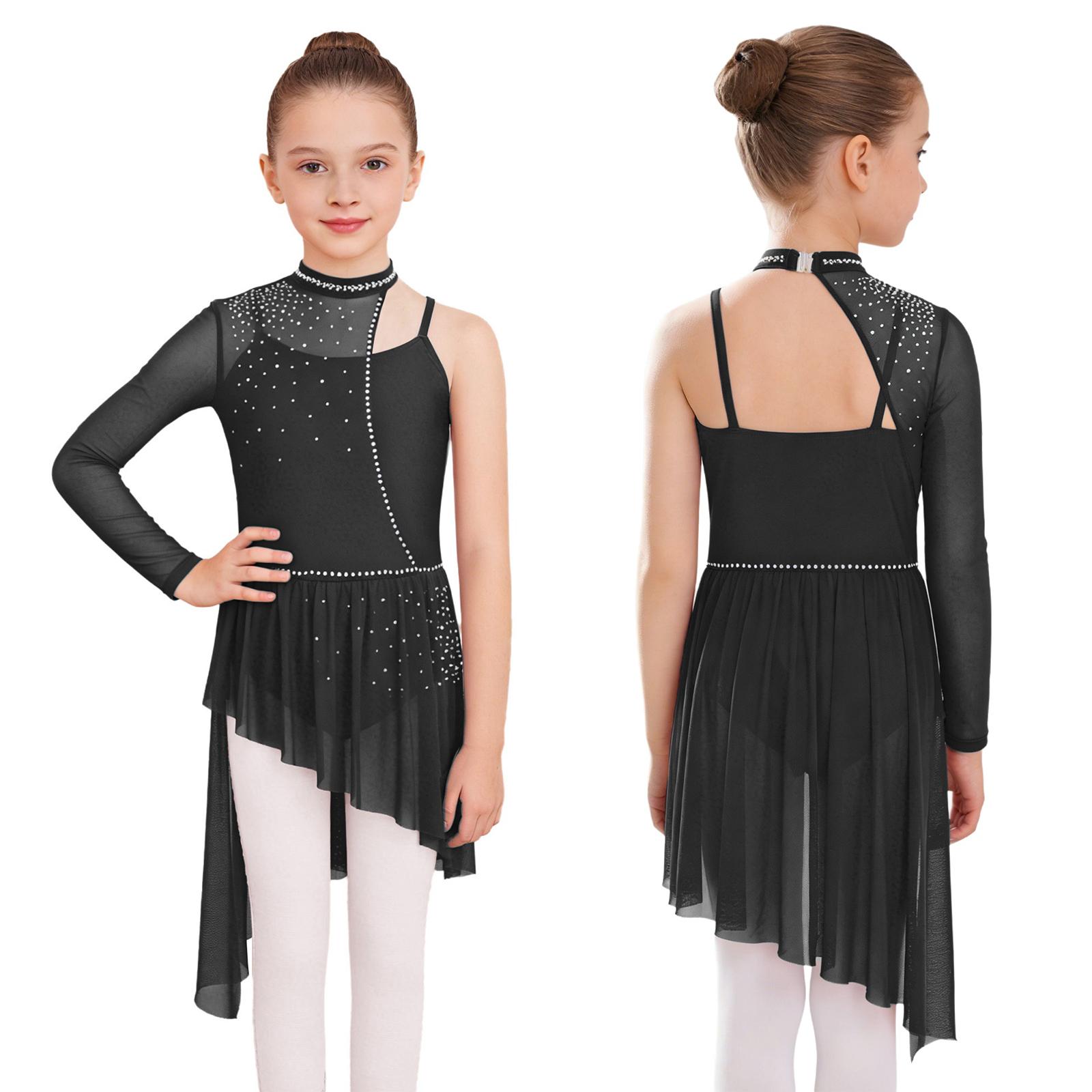 

Girls Asymmetrical Dance Costume One Shoulder Long Sleeve Mesh Patchwork Irregular Hem with Spaghetti Straps for Lyrical Performance 5-6 Years чорний