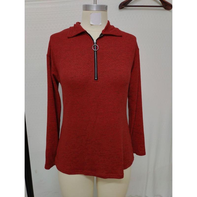 Casual Loose Knitted V Neck Zipper Long Sleeve T Shirt For Women