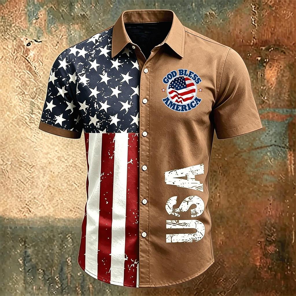 Men's Short Sleeve Button Down Shirt Collared Casual Fit with Letter Print and USA Flag Inspired Pattern for Spring Summer