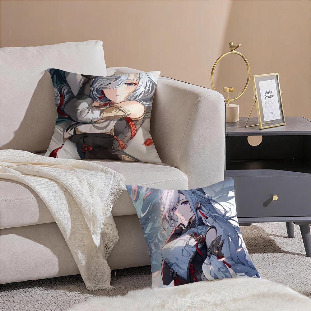 Game Genshin ShenHe Cushion Cover Pillowcase Short Plush Invisible zipper Room Sofa Cushion Cover