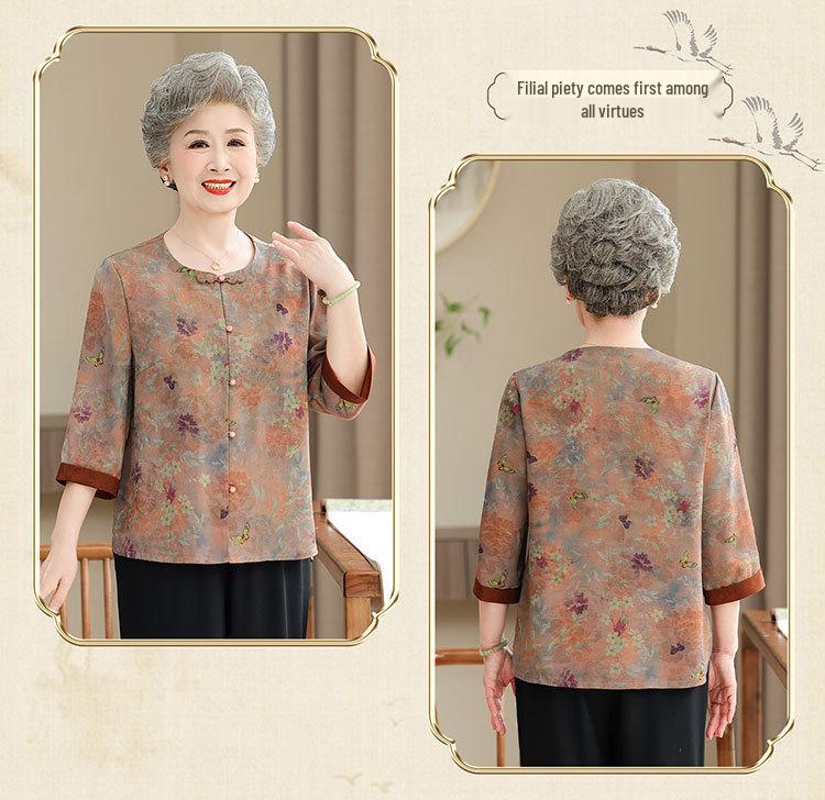 Silk Short-Sleeve Tang Shirt for Elderly Women