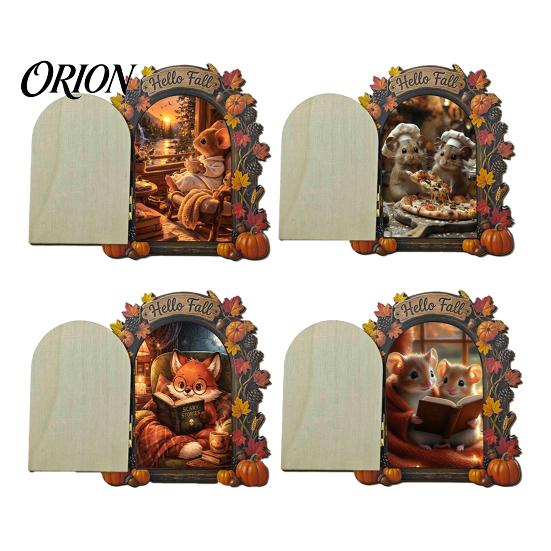 Autumn Theme Fairy Tale Ornaments Elf Wooden Door Halloween Decor, 2D Mouse Miniature Wall Waterproof Fall Home Decorations Hanging, Rustic