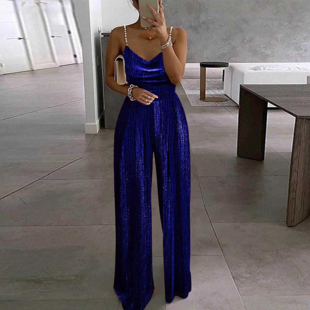Women's FashionAble And Casual Loose  Color Wide Leg Pants Waist Cinching Elegant Suspender Bead Jumpsuit