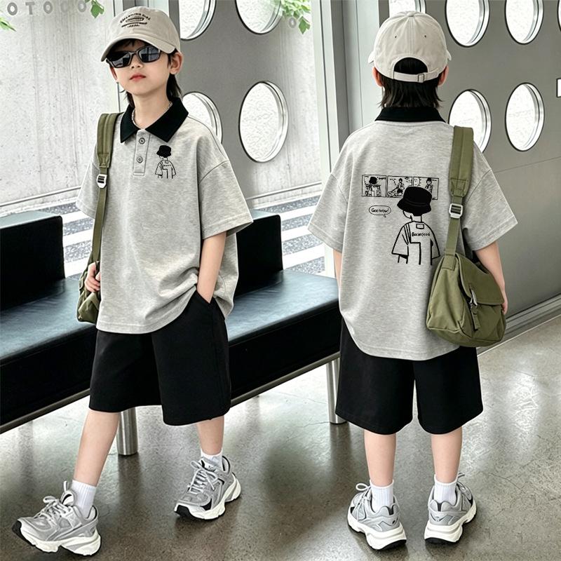 Boys' Cotton Lapel Short-Sleeve T-shirt Set: Stylish Color Block POLO Two-Piece for Summer – Medium & Large Sizes