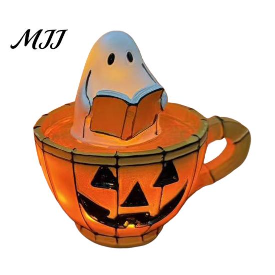 Retro Halloween Light Ghost Reading Book Lamp, Stained Glass Style Night Light, Resin Spooky Warm Orange Pumpkin Bedside Lamp for Bedroom, Living