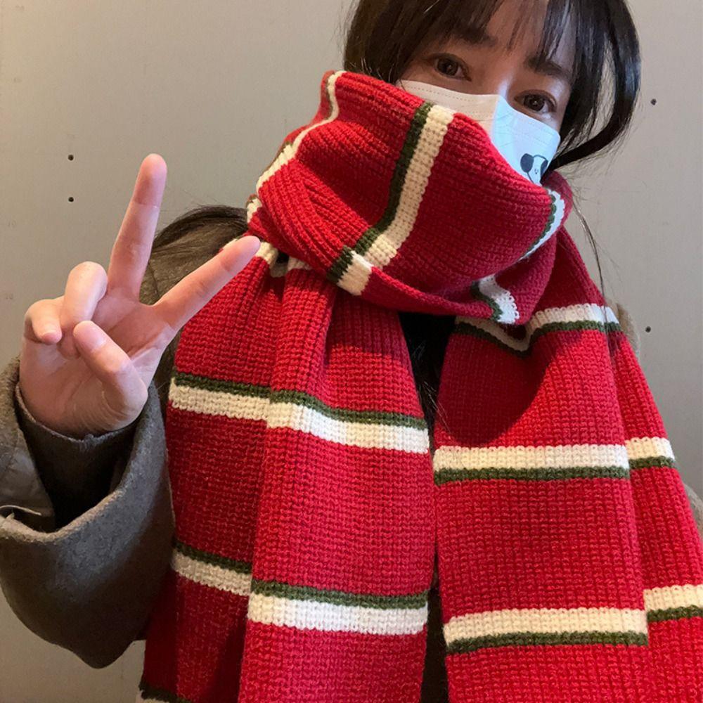 Thickened Women Long Scarf Keep Warm Shawl Scarf Gift Stripe Knitted Scarf Streetwear