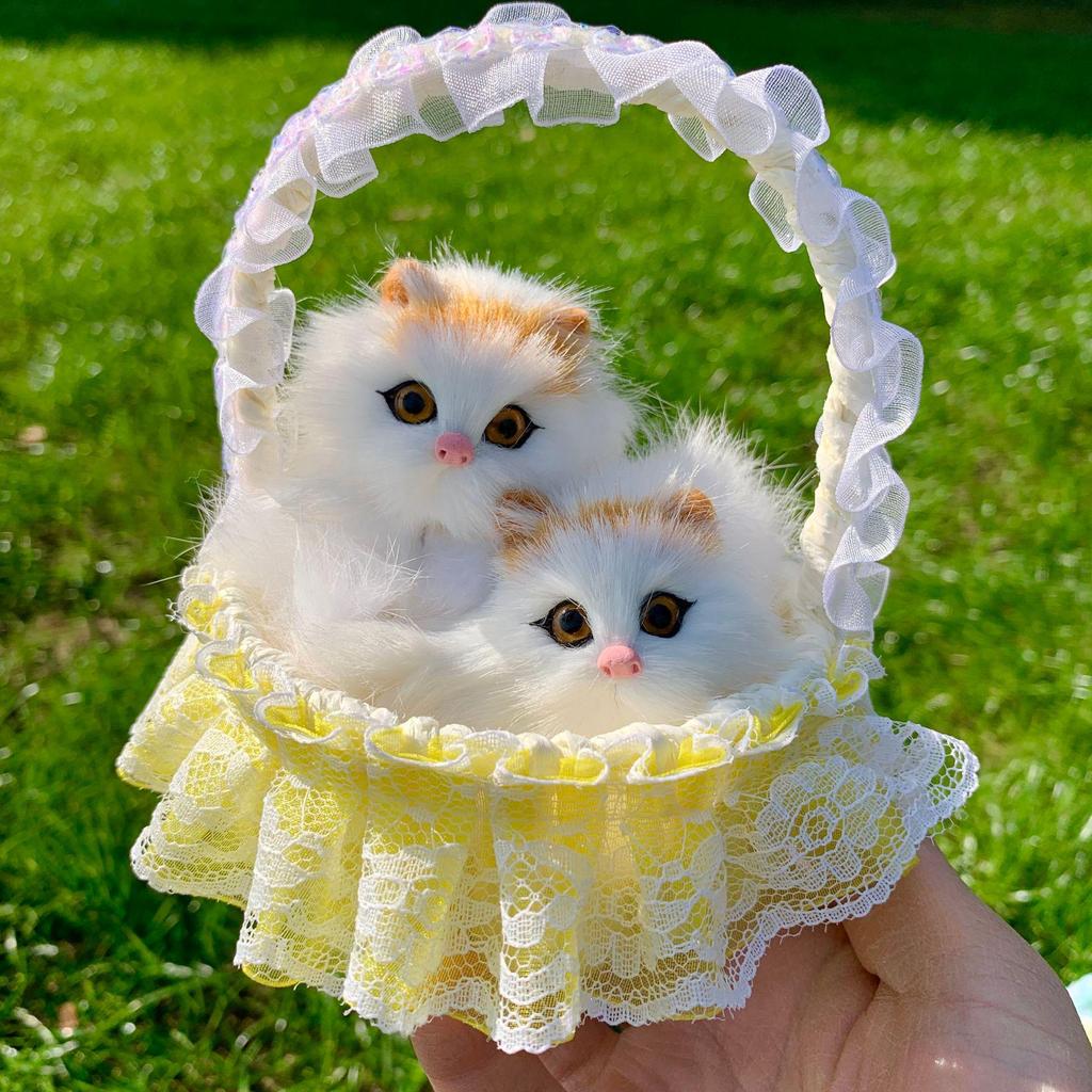 Mother Cat and Kitten with Basket Figurine - Toy Gift for Kids or Girlfriend