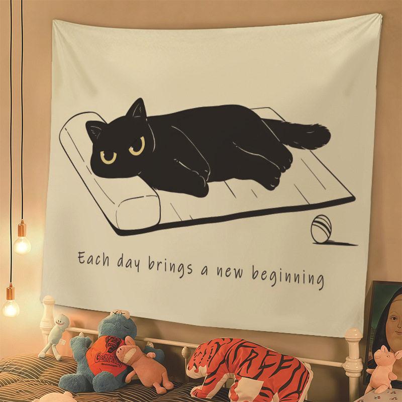 Cartoon Black Kitten Wall Tapestry for Bedroom Decor Unique Cat Theme Decorative Wall Hanging Art for Living Room Bedroom