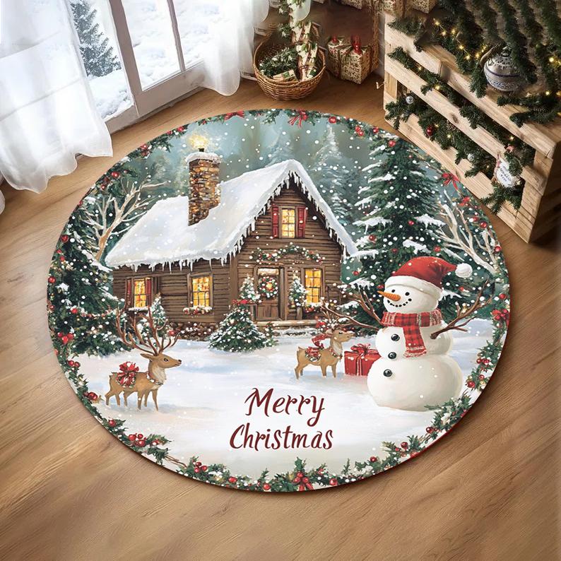 

Christmas Snowflake Christmas Tree Round Rug Holiday Decor Cozy Living Room Bedroom FloorMat Winter Seasonal Decor Bedside Rug 100cm