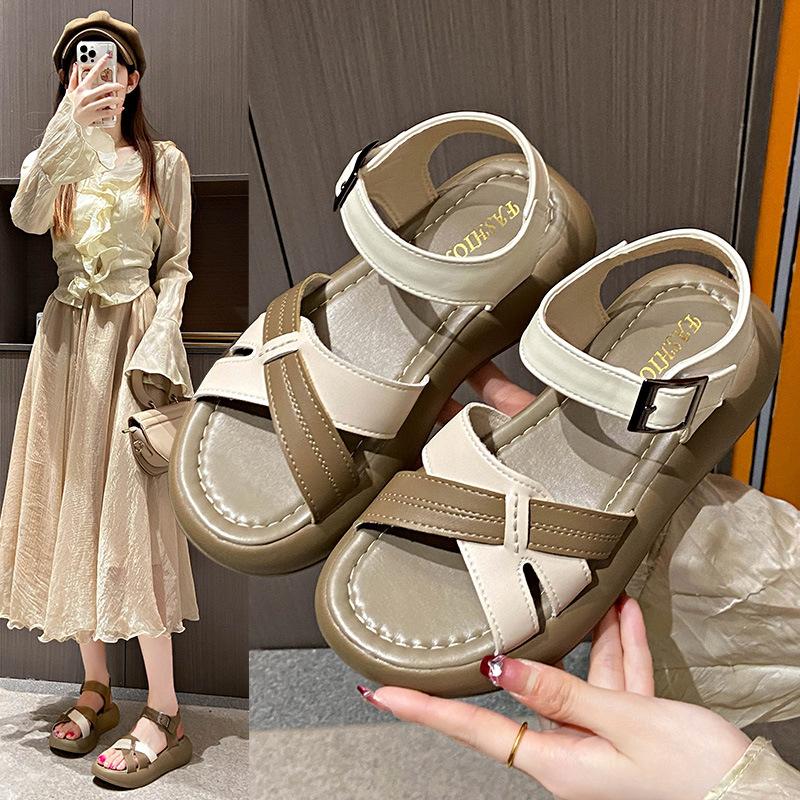 Soft leather platform sandals women's new summer fashion women's shoes lightweight open-toed soft-soled Roman shoes