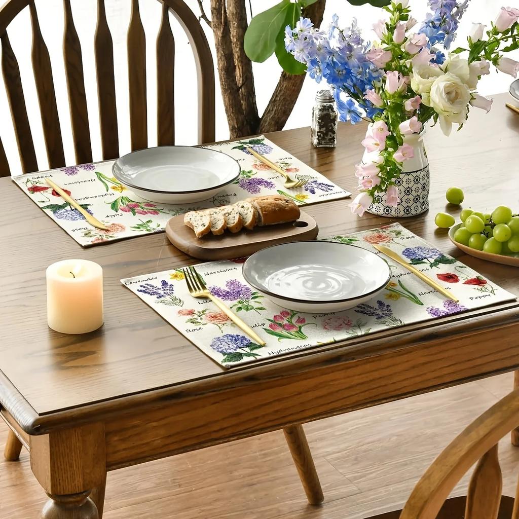 4PC Spring Floral Placemats, Woven Rectangular Table Mats, Machine Washable, Decorative