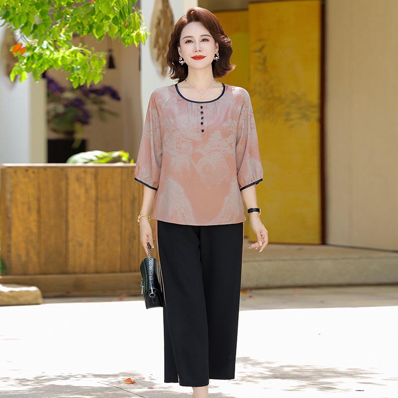 2026 Sommer Chiffon Kurzarm Elegantes Zweiteiliges Set für Frauen mittleren Alters und ältere Frauen