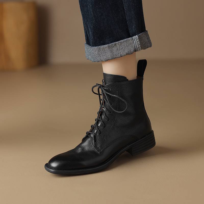 Krazing Pot Cow Leather Winter Round Toe Thick Low Heels Western Boots Women Lace Up Retro Ankle Boots