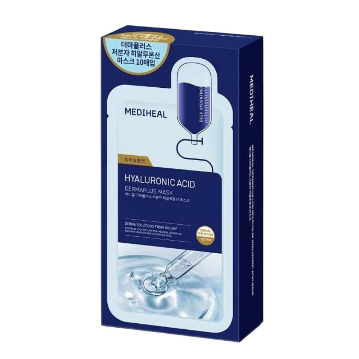 MEDIHEAL Derma Plus Low Molecular Hyaluronic Acid Mask 10-Pack Set Intense Hydrating Moisture Sheet Masks 22ml