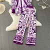 Spring Autumn Vintage Designer Print Runway Trouser 2 Piece Set Women Turn-down Collar Shirt And Elastic Waist Pocket Pant Suit