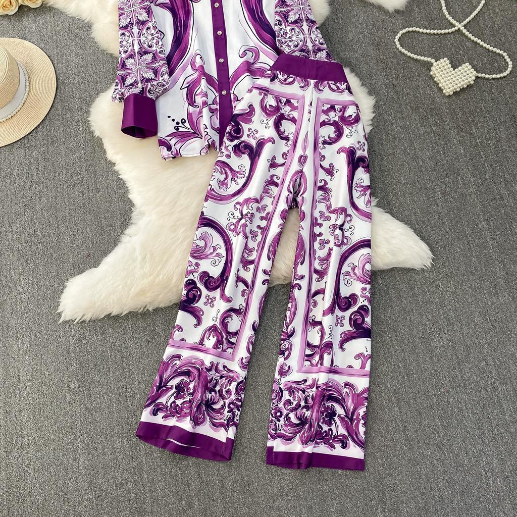 Spring Autumn Vintage Designer Print Runway Trouser 2 Piece Set Women Turn-down Collar Shirt And Elastic Waist Pocket Pant Suit