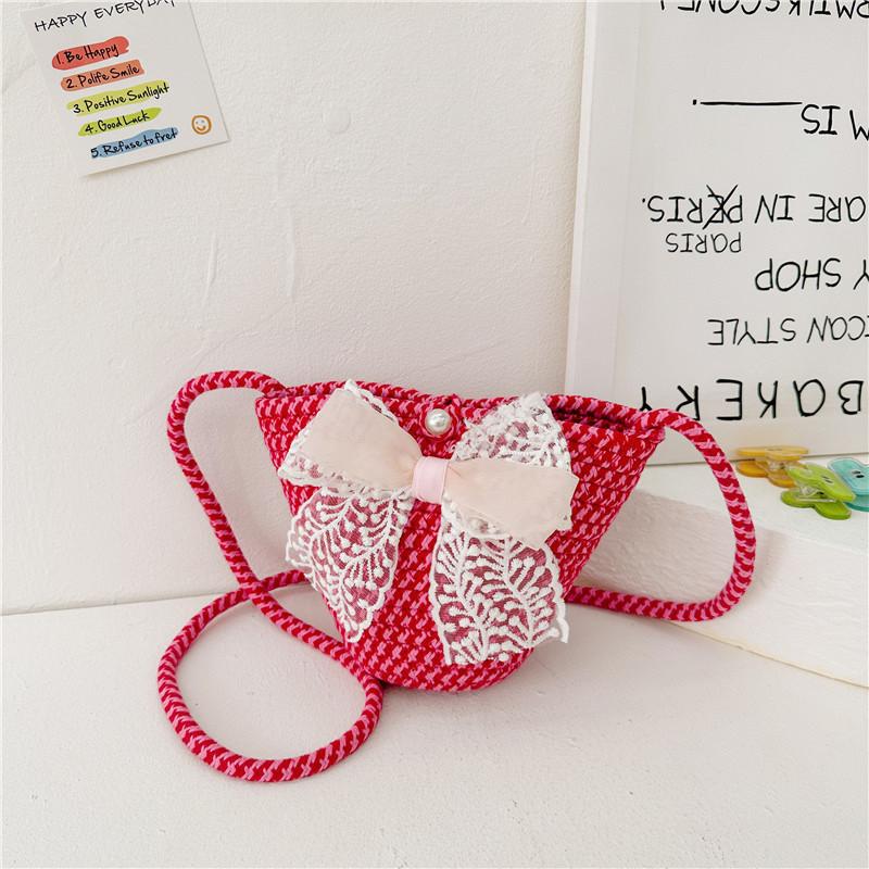 Adorable Korean Style Cartoon Woven Children's Bag With Bowknot And Floral Design