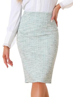Allegra K Tweed Check High Pencil Bodycon Size M Skirt, Pattern, Waist, Style, Knee-Length, Style, Women's, White/Blue,