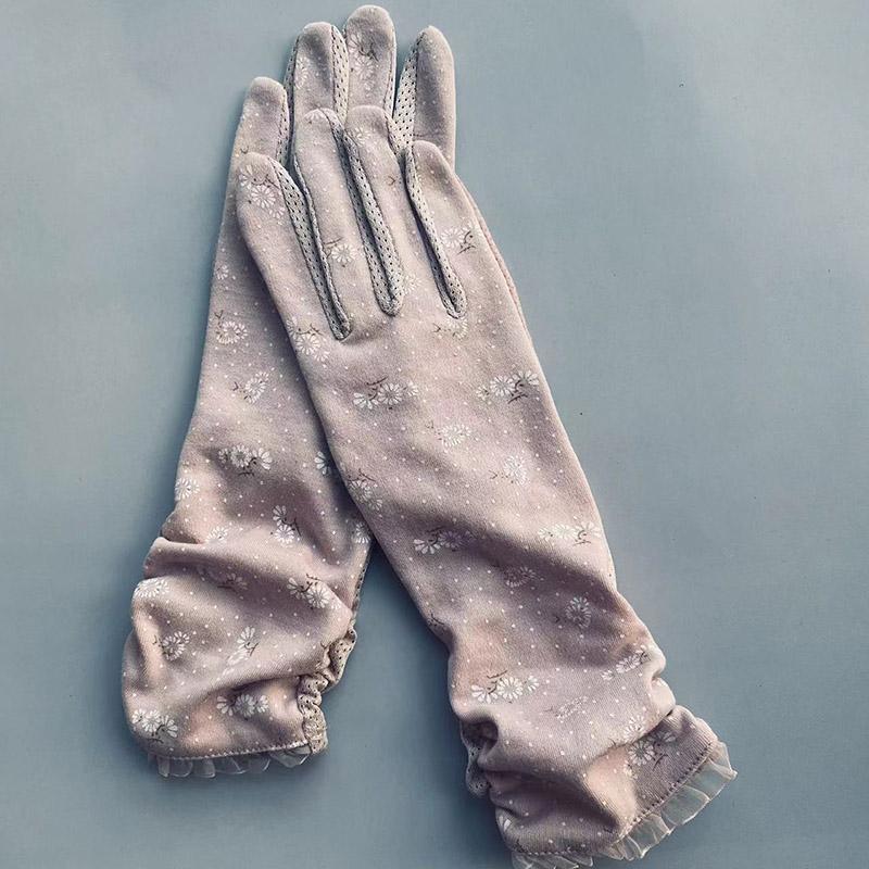 Summer Driving Sun Protection Gloves for Women Short Pure Cotton Thin Medium Long Breathable Anti Slip Floral Pattern