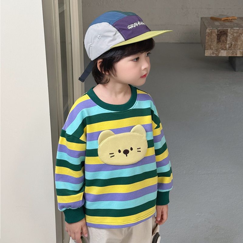 Striped Sweatshirt Spring and Autumn Children s Clothing Children s Casual Tops Small and Medium-Sized Children s Cartoon Pullover Clothes Colorful Kitten 140