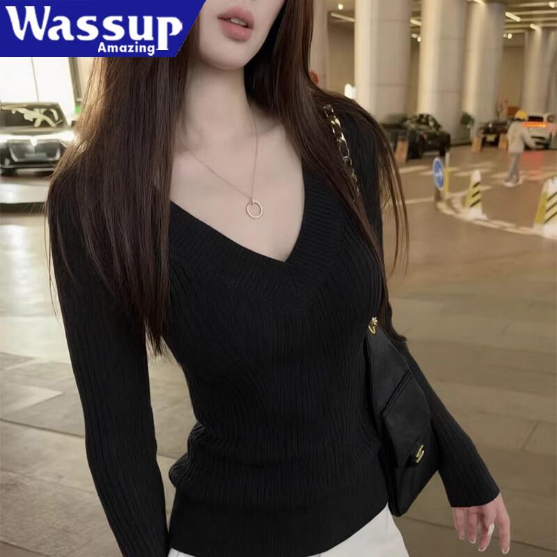WASSUP AMAZING Women's V-Neck Long Sleeve Knitted Pullover