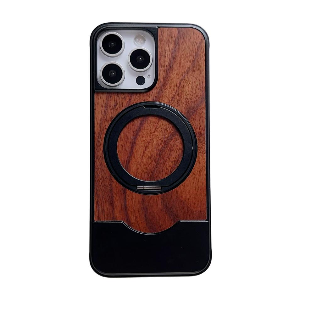 Alloy Wood Hybrid Case For iPhone 13 14 15 16 Pro Max 360° Rotation Metal Stand Matte Magentic Expandable Frameless Case Cover