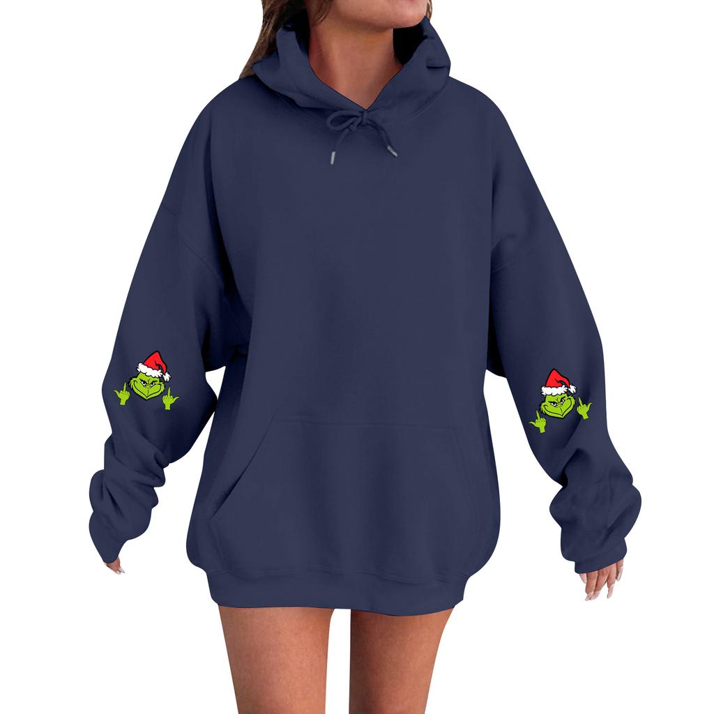 Damemote, Avslappet Og Komfortabel Genser Med Rund Hals Og Hette, Langermet Juletrykk, Varm Genser