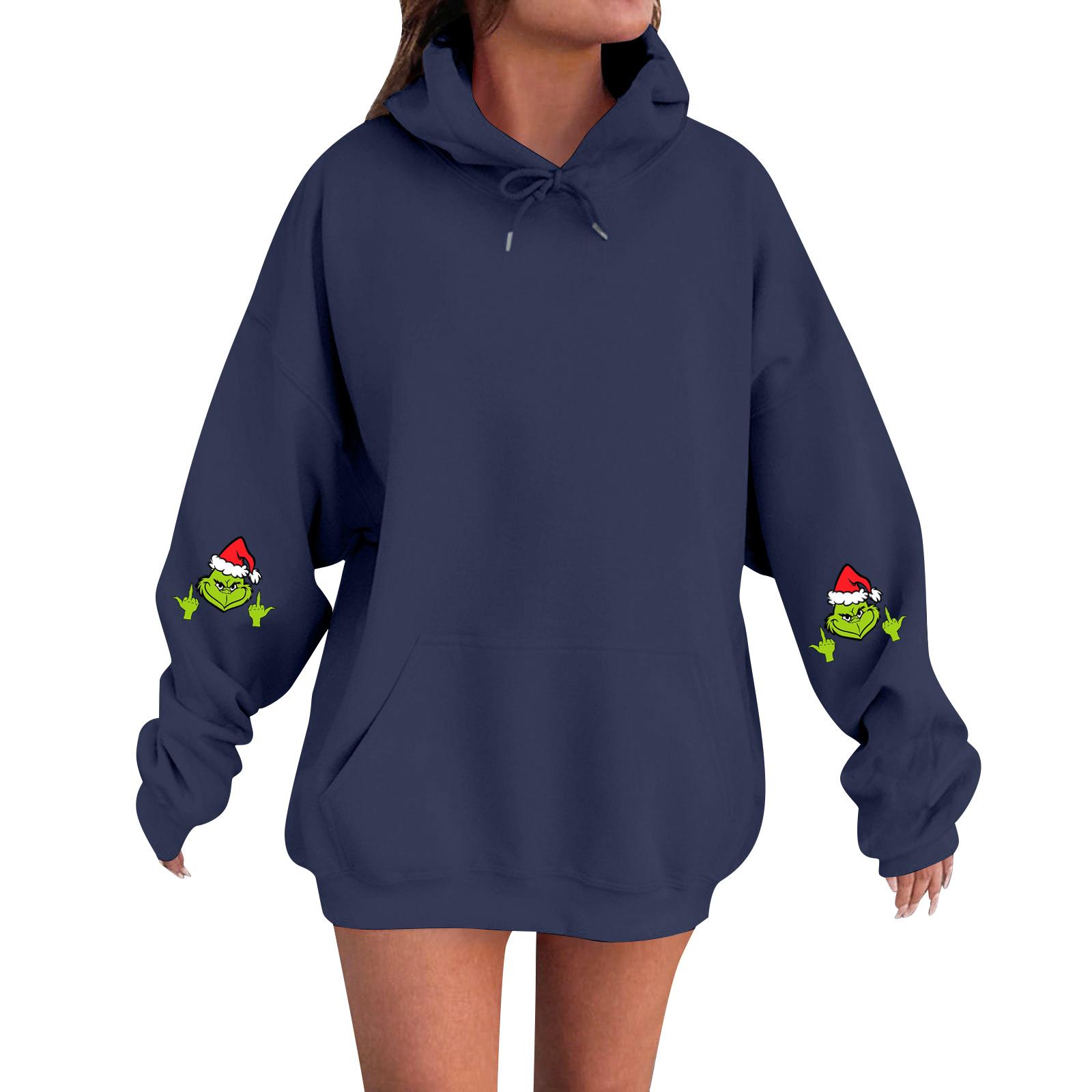 

Женский модный, расслабленный и удобный свитер с круглым вырезом и капюшоном, с длинными рукавами и рождественским принтом, теплый свитер L