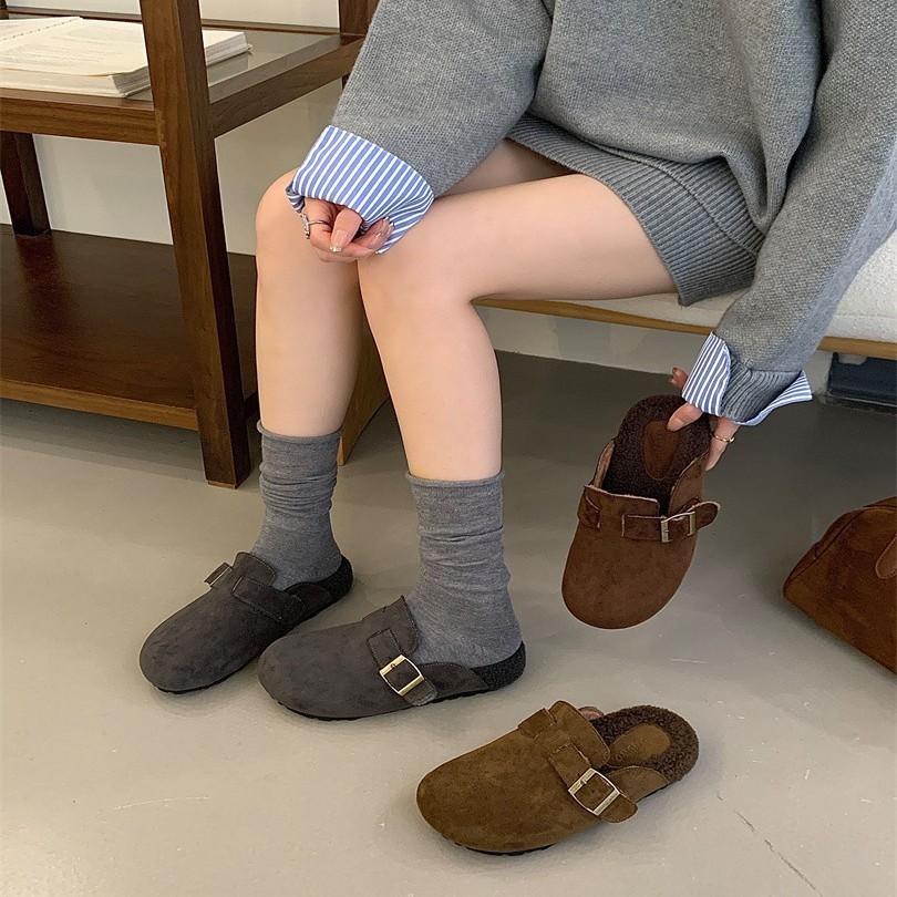 Flat shoes 2025 autumn and winter new Korean version one-word fluffy slippers women wear flat-bottomed Boken velvet cotton shoes