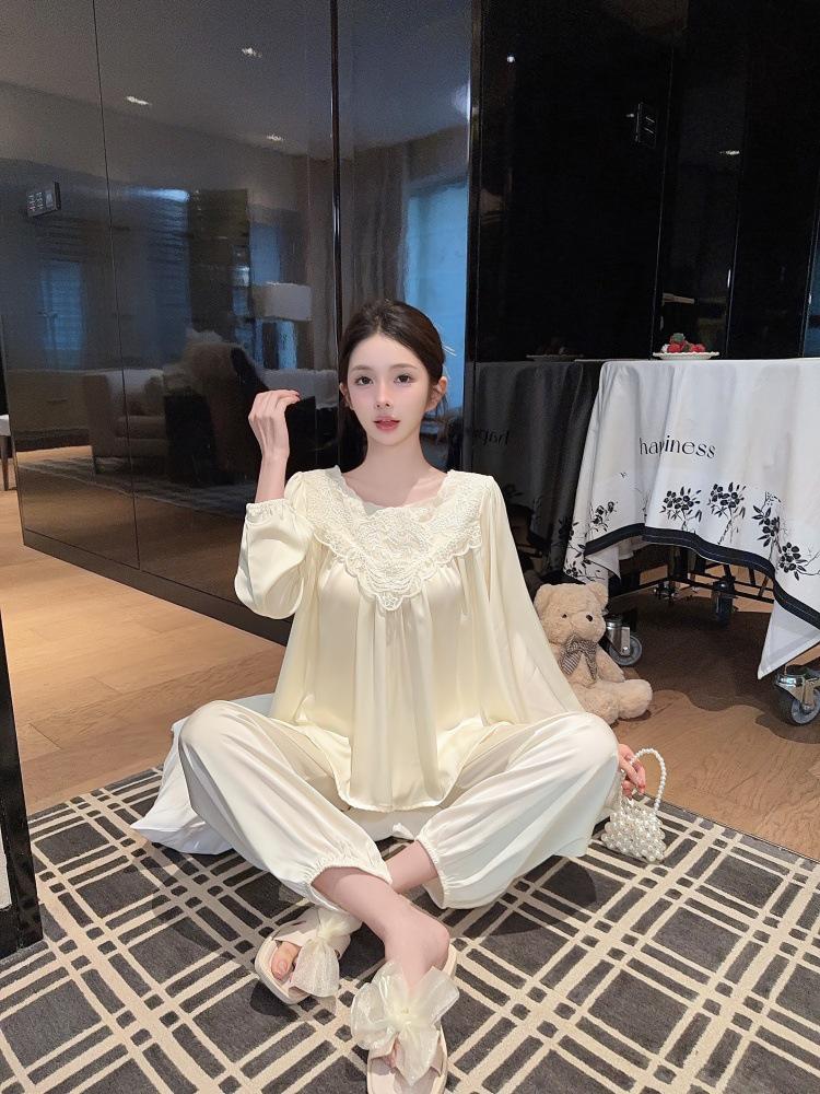 Ice Pure Maiden: Sweet Princess-Style Lace Pajamas - Long Sleeve, Light Luxury Ice Silk for Spring & Autumn